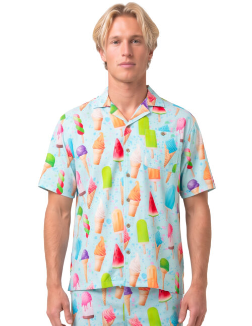Uzzi Hawaiian Shirt - Short Sleeve Dri-FIT Stretch Ice Cream Shirts for Men #HPS11 Light Blue