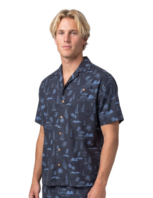 Uzzi Hawaiian Shirt - Short Sleeve Dri-FIT Stretch Boats Shirts for Men #HPS25 - NAVY