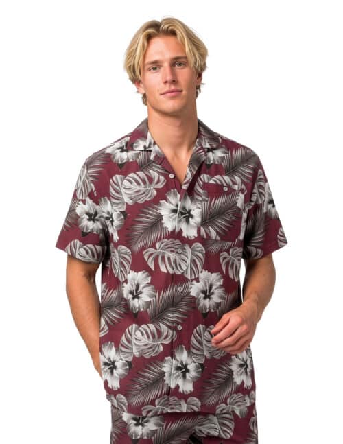 Uzzi Hawaiian Shirt - Short Sleeve Dri-FIT Stretch Hibiscus Shirts for Men #HPS22 - Burgundy