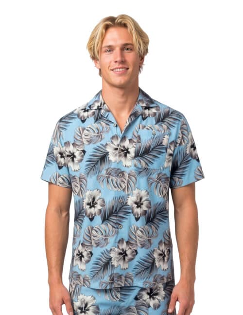 Uzzi Hawaiian Shirt - Short Sleeve Dri-FIT Stretch Hibiscus Shirts for Men #HPS22 - Light Blue
