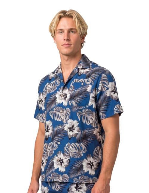 Uzzi Hawaiian Shirt - Short Sleeve Dri-FIT Stretch Hibiscus Shirts for Men #HPS22 - Navy