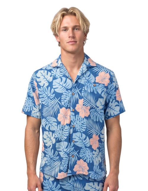 Uzzi Hawaiian Shirt - Short Sleeve Dri-FIT Stretch Hibiscus Shirts for Men #HPS21 Navy