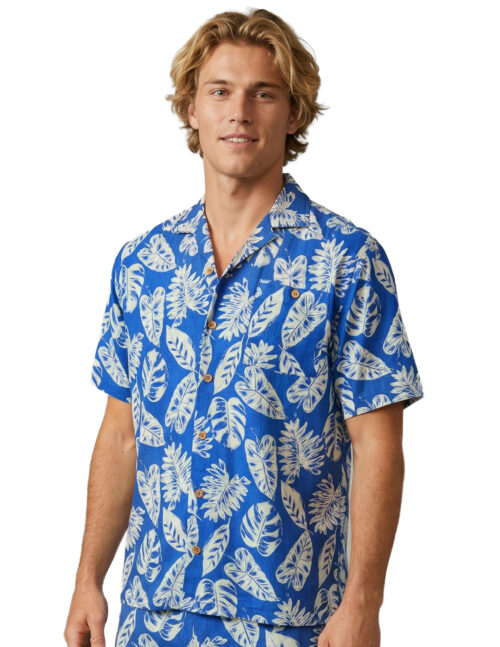 Uzzi Hawaiian Shirt - Short Sleeve Dri-FIT Stretch Leaves Shirts for Men #HPS23 NAVY