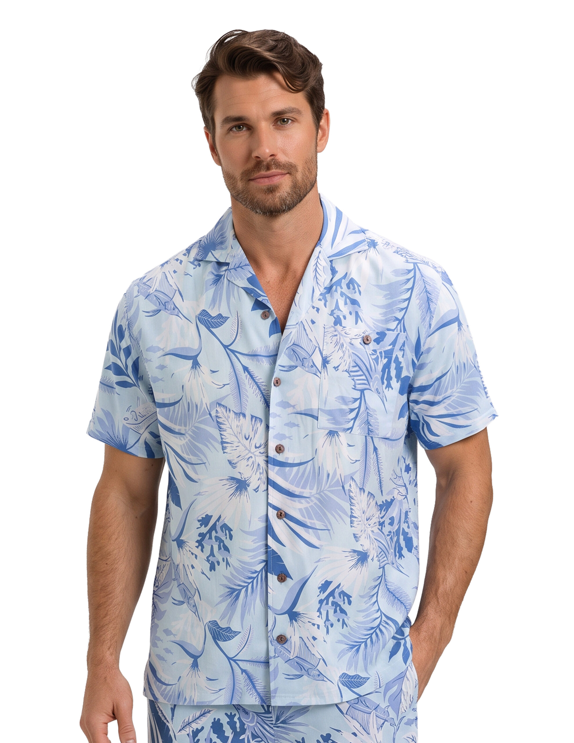 Uzzi Hawaiian Shirt - Short Sleeve Dri-FIT Stretch FISH Shirts for Men #HPS26 LIGHT BLUE